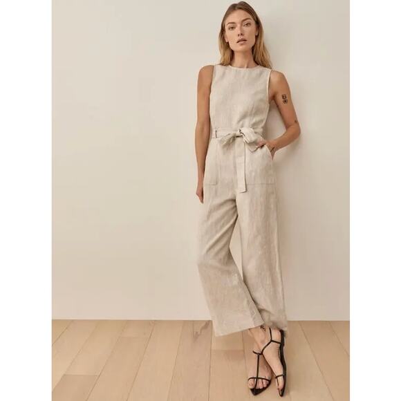 Reformation 2 Oatmeal Cream Naomi Linen Wide Leg Sleeveless Tie Waist Jumpsuit - Picture 12 of 13